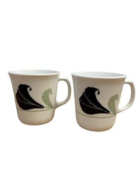 Vtg Corelle Black Orchid Coffee Mugs Cups Green White Floral Set 2 Corning USA